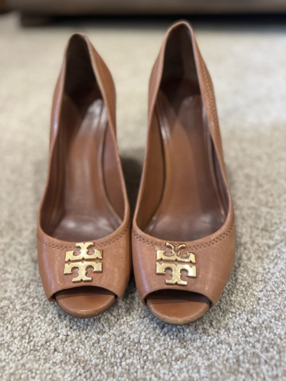 Tory Burch Tan Leather Peep-Toe Heels with Gold Logo